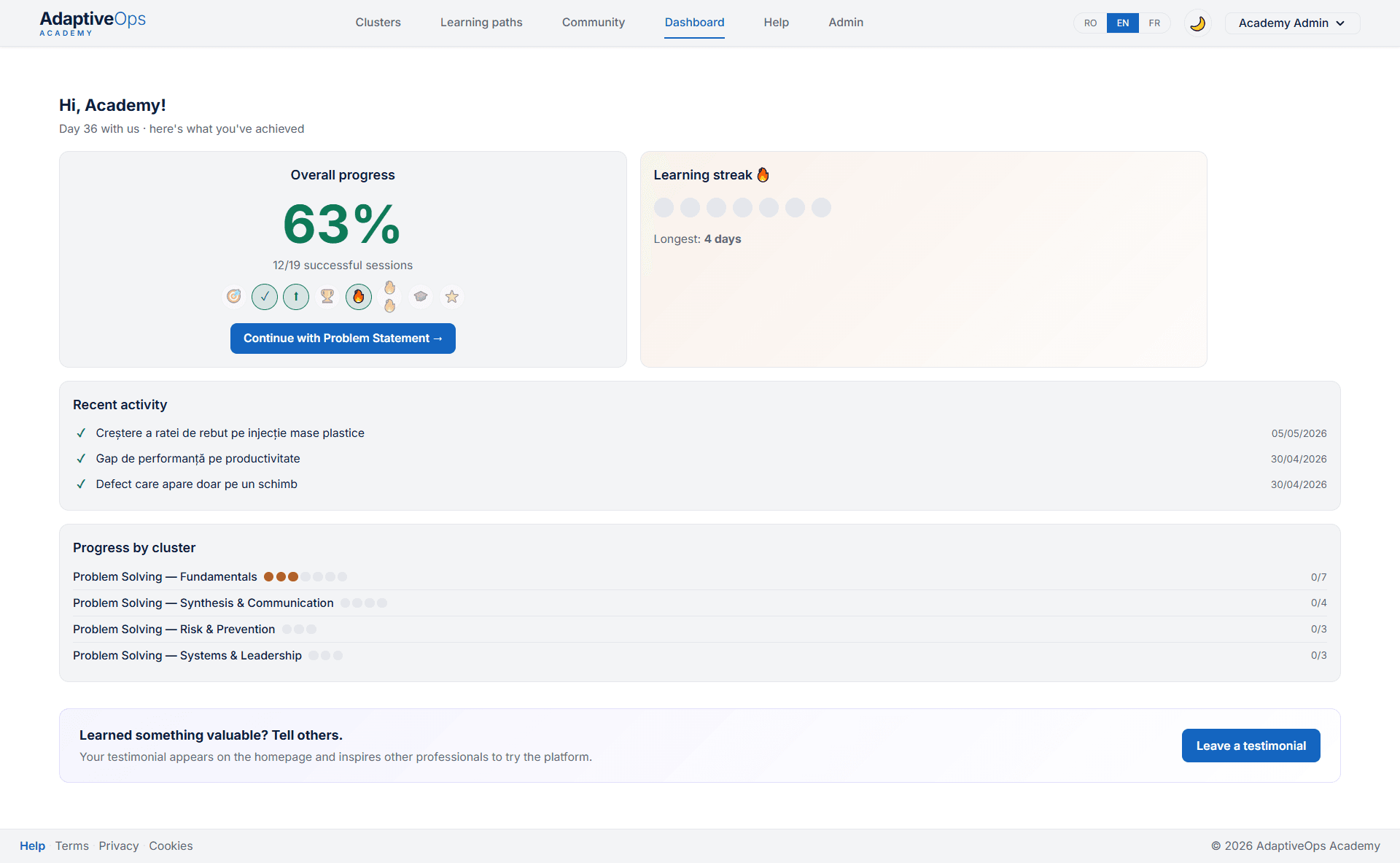 AdaptiveOps Academy dashboard showing overall progress, learning streak, recent activity and progress per cluster
